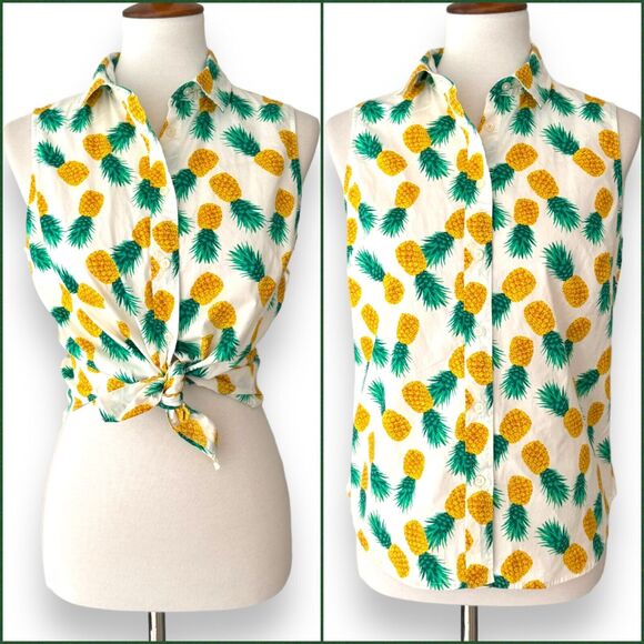 J. Crew White Pineapple Print Sleeveless Button Up Cropped Blouse Top Size M - Picture 1 of 9